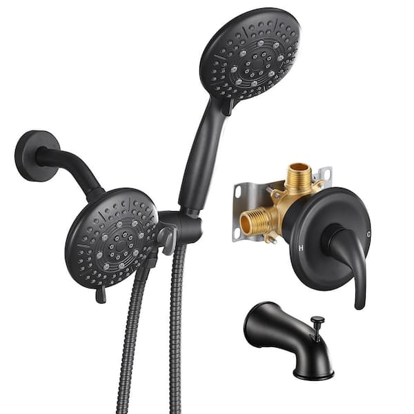 Zalerock 2-in-1 Single-Handle 6-Spray Round Shower Faucet with Dual Shower Heads and Tub Spout in Matte Black (Valve Included)