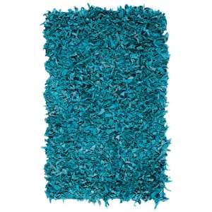 Leather Shag Light Blue Doormat 3 ft. x 5 ft. Solid Area Rug