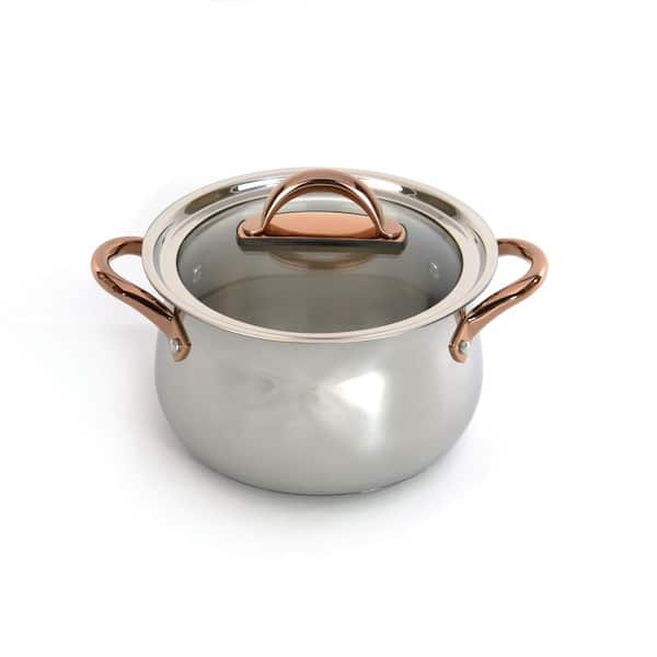 BergHOFF Ouro 8 in., 4.8 qt. 18/10 Stainless Steel Stockpot in Silver and Rose Gold with Glass Lid