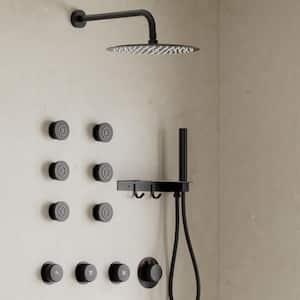 Thermostatic 7-Spray 12 in. Wall Mount Round Shower System with Shelf and Hooks in Matte Black (Valve Included)