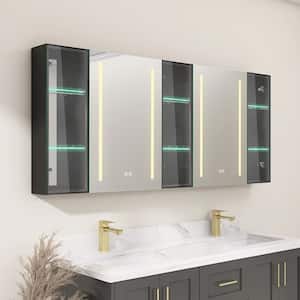 70 in. W x 30 in. H Large Rectangular Black Aluminum Wall Mount Anti-Fog Bathroom Lighted Medicine Cabinet with Mirror
