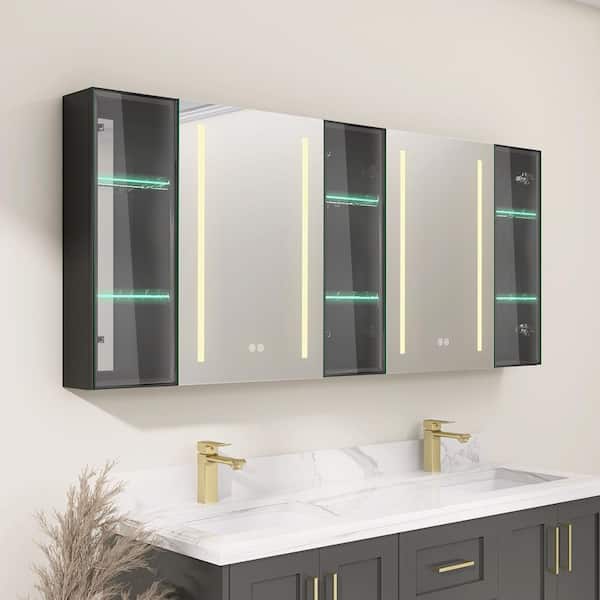 Zeafive 70 in. W x 30 in. H Large Rectangular Black Aluminum Wall Mount Anti-Fog Bathroom Lighted Medicine Cabinet with Mirror