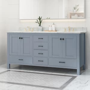 73 in. W x 22 in. D x 40 in. H Double Sink Freestanding Bath Vanity in Gray with White Marble Top and Backsplash