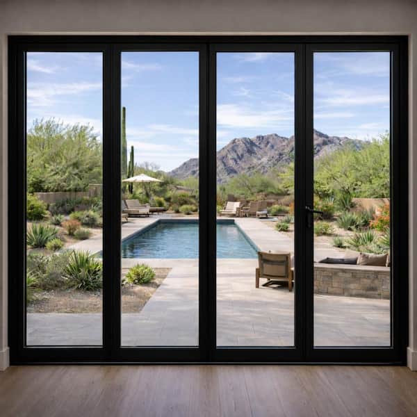 120 in. x 96 in. Black Aluminum 1-Right Opening/3-Left Folding Outswing 4-Panel Bi Fold Patio Door 1R3L (Interior View)