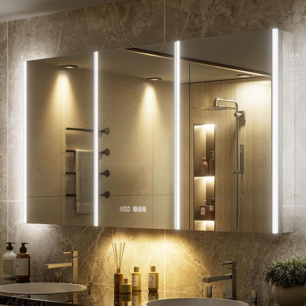 Aura 54 in.W x 30 in.H Rectangular Aluminum Surface/Recessed Wall Medicine Cabinet with Mirror,Light(With Side Mirror)