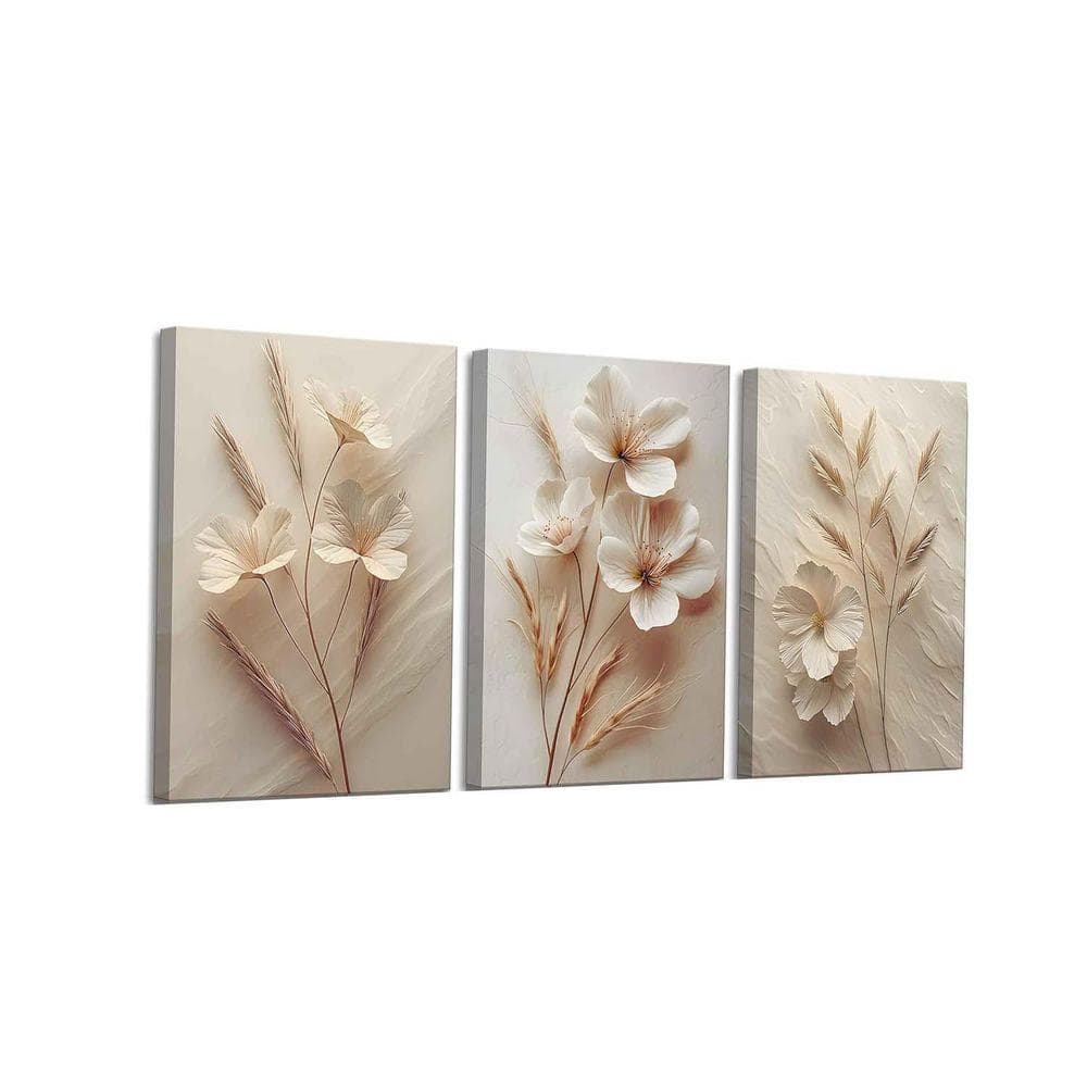 3Pcs Neutral Beige Floral Botanical Canvas Wall Art Modern Simple