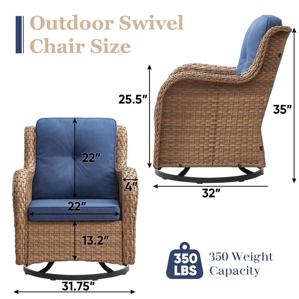 Yellow Wicker Outdoor Rocking Chair with Blue Cushions
