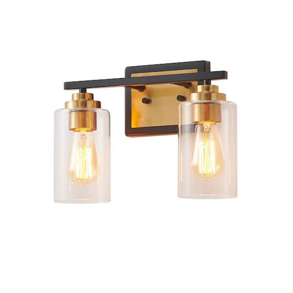 13 in. 2-Light Black and Brass Vanity Light with Clear Glass Shades