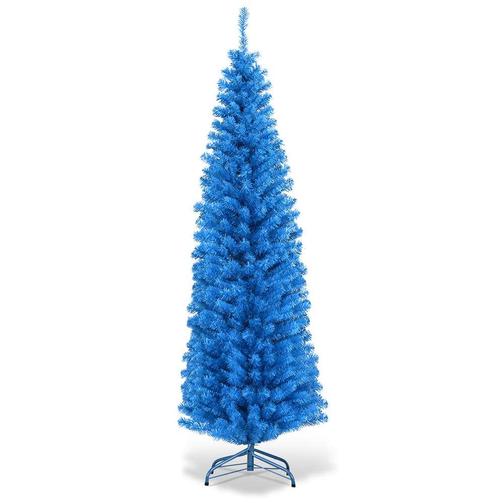 Costway 6 ft. Blue Unlit Pencil Slim Tree Artificial Christmas Tree ...