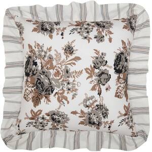 Annie Portabella Brown And Soft White Floral Cottage Ruffled 18 in. x 18 in. Pillow