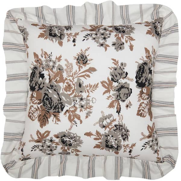VHC BRANDS Annie Portabella Brown And Soft White Floral Cottage Ruffled 18 in. x 18 in. Pillow