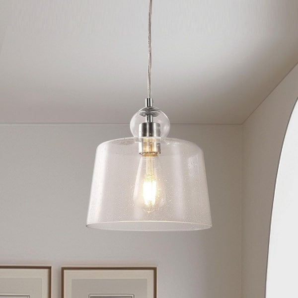 60-Watt 1-Light Brushed Nickel Dome Pendant Light with Seeded Glass Shade for Dining Room Bedroom