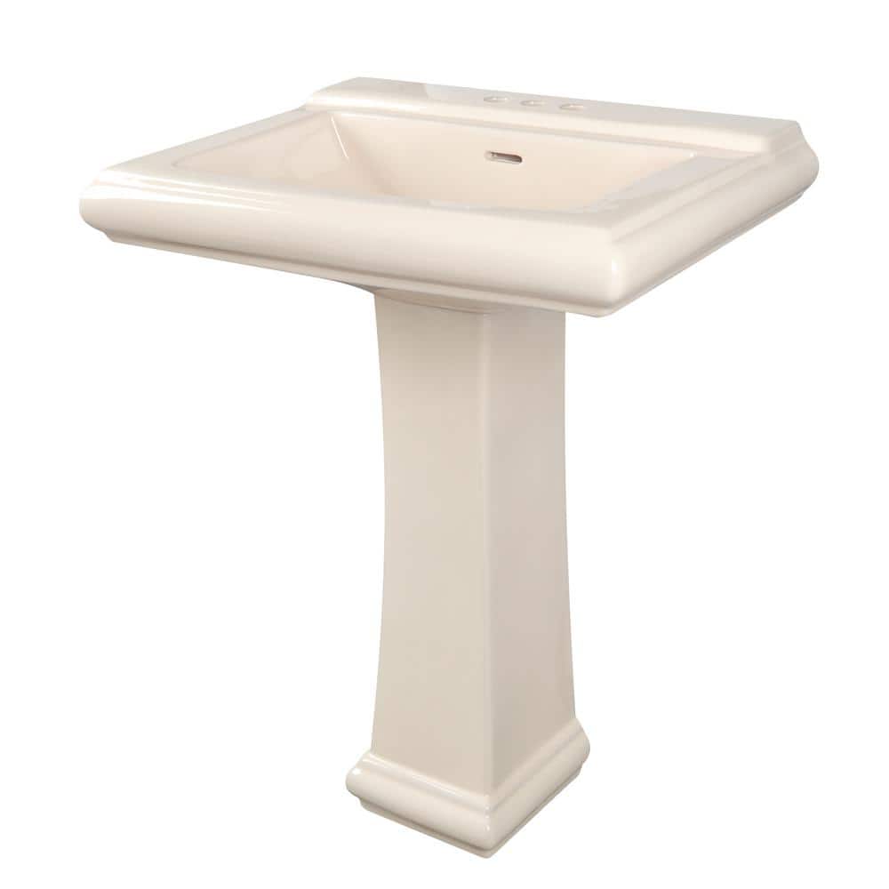 Bone Ceramic Rectangular Pedestal Bathroom Sink with Triple Faucet Holes