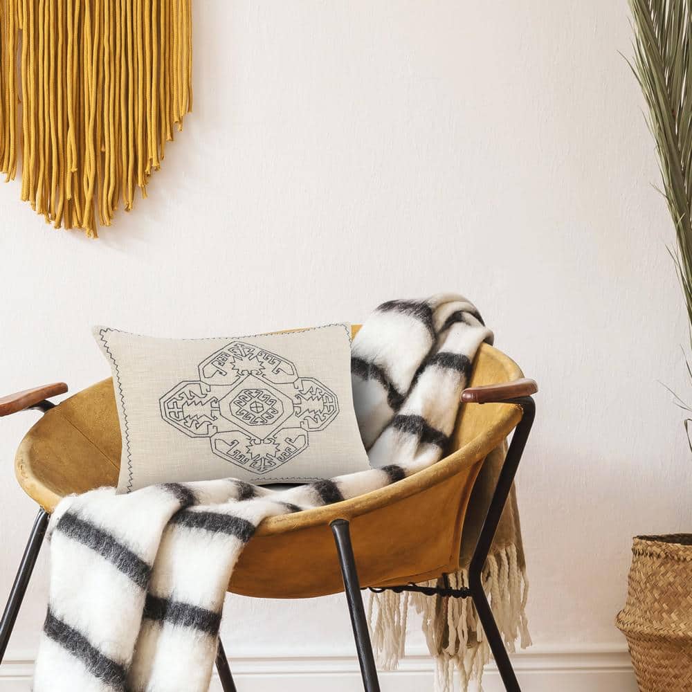 Off-White and Navy Blue Embroidered Rectangular Lumbar Pillow