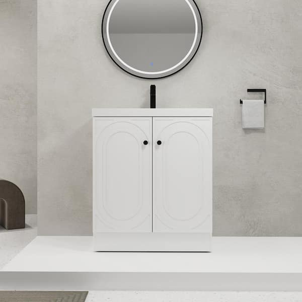 30 in. Freestanding White Bath Vanity with White Resin Top, Bathroom Storage Cabinet with Adjustable Shelf Unassembled