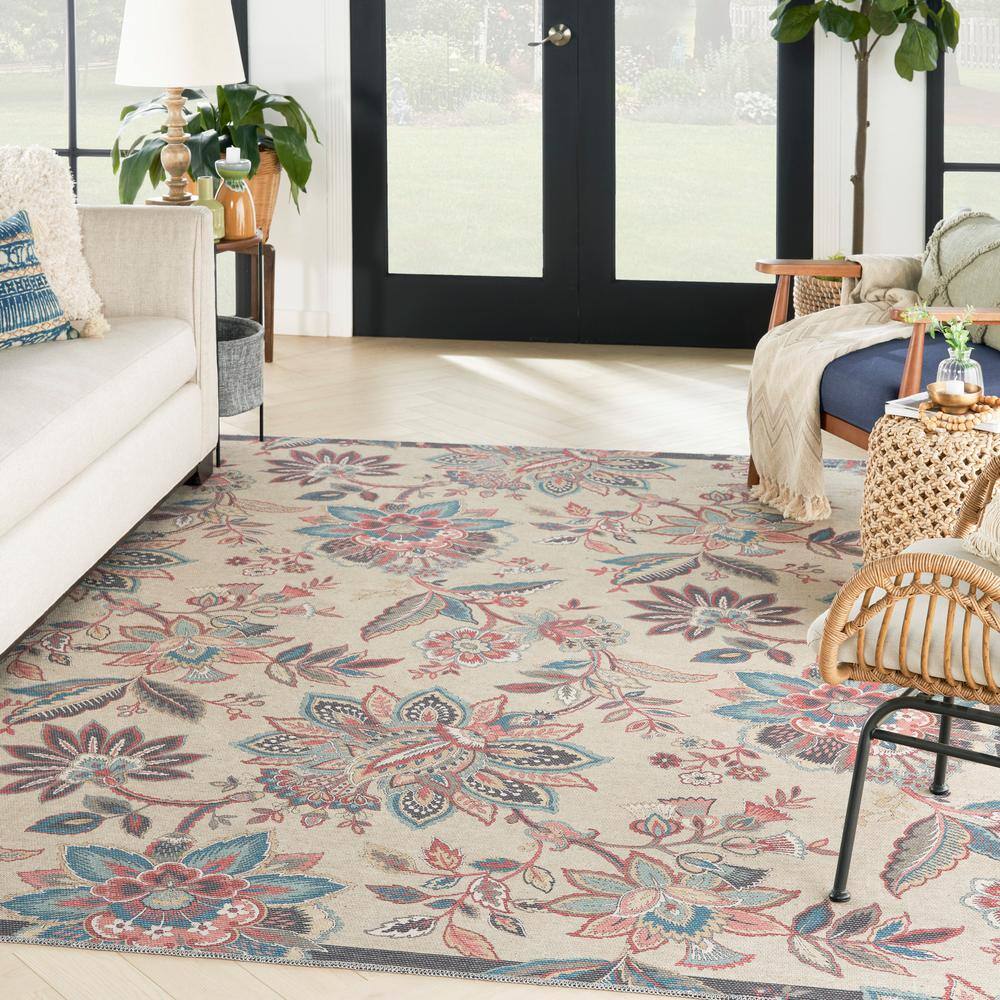 Beige Floral Chenille Rectangular Washable Area Rug