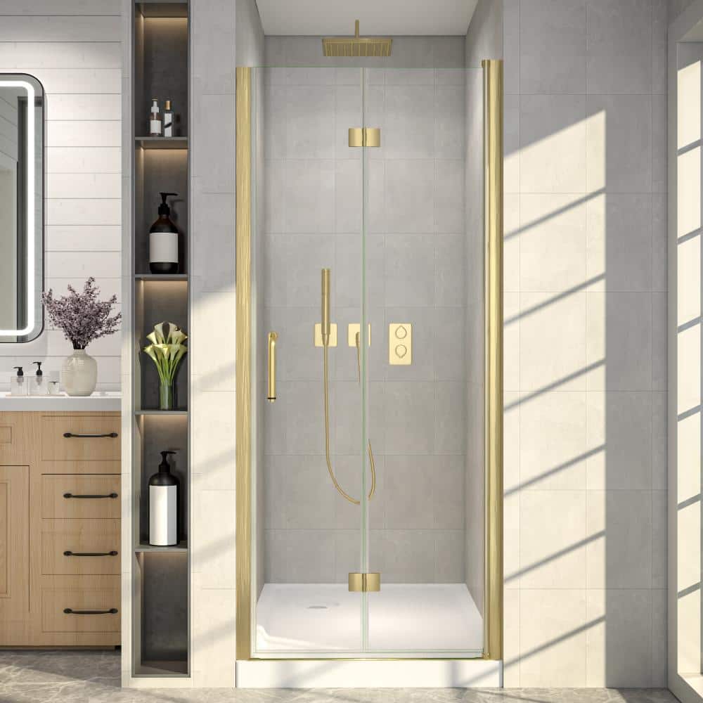 32 - 34 in. W x 72 in. H Bi-Fold Semi-Frameless Shower Door in Brushed Gold with Clear Tempered Glass price history on PriceWatchPro