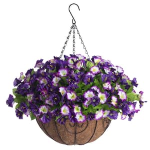 20 in. H Artificial Hanging Flowers with 12 in. Basket, Garden Porch Deck Spring Summer Decor, Purple Edge