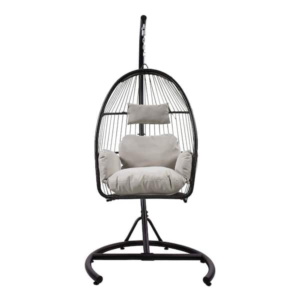 URTR 1-Person Patio Swing Chair, Indoor & Outdoor PE Wicker Porch Swing Hammock Egg Chair with Metal Stand & Beige Cushion
