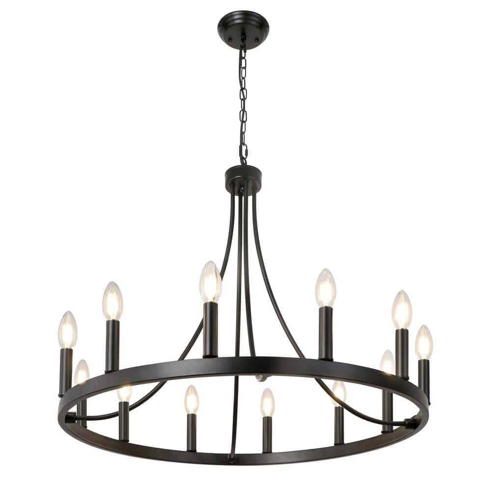 12-Light Black Farmhouse Rustic Classic Round Wagon Wheel Chandelier for Fo