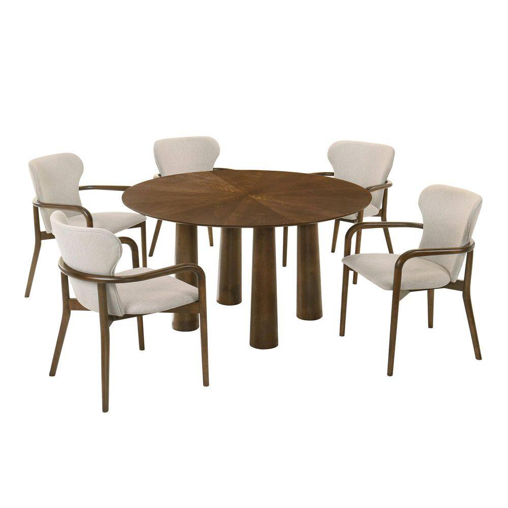 Klarissa Mid-Century Modern 6-Piece Round Cream/Walnut Wood Top Dining Table Set Seats 5