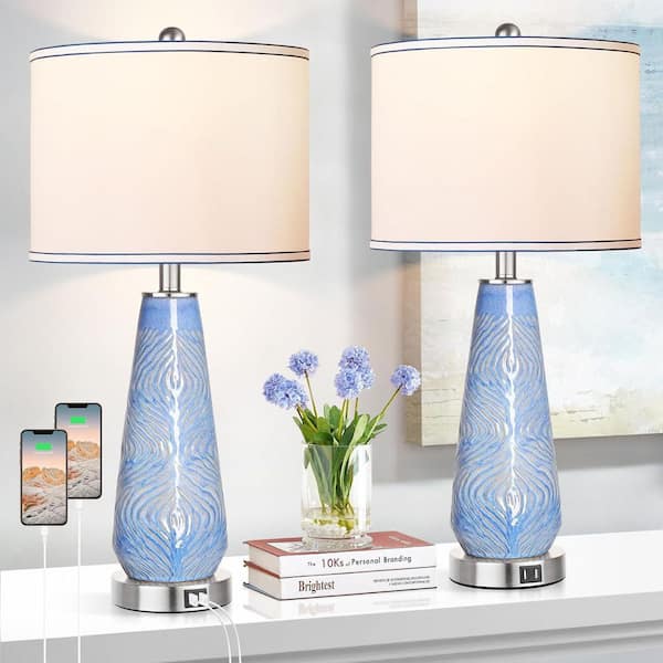 Ltemziiy 27 in. Modern Table Lamp Set of 2, Blue Ceramic 3-Way Dimmable Hand Crafted Bedside Night Lamp with USB Ports