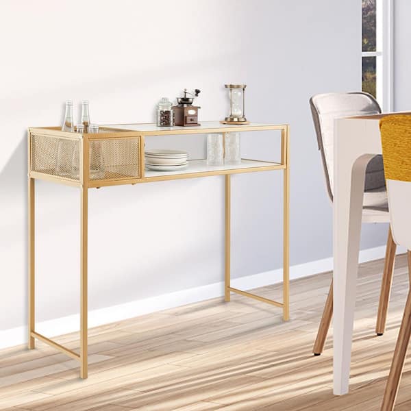 71 White & Gold Narrow Console Table Accent Table For Entryway X Base Metal