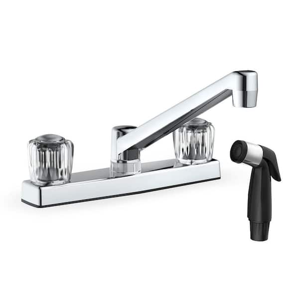 Non-Metallic Double Handle Deck Mount Standard Kitchen Faucet in Chrome with Black Side Sprayer