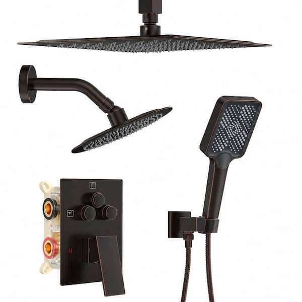 Oil Rubbed Bronze 10 in. Ceiling Mount Rainfall Shower Faucet Set with 2 Shower Heads and Handheld Trim Kit