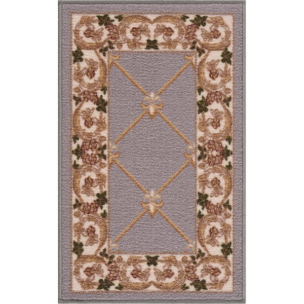 Carpet Mat Fleur De Lis Design Slip Resistant, Grey, 19.5 in. x 32 in.