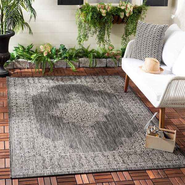 Courtyard Black/Ivory 2 ft. x 4 ft. Border Medallion Indoor/Outdoor Area Rug