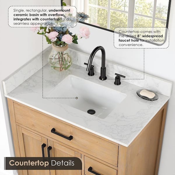 Gavino 36 in. W x 22 in. D x 34 in. H Bath Vanity in Royal Blue with Grain White Composite Stone Top