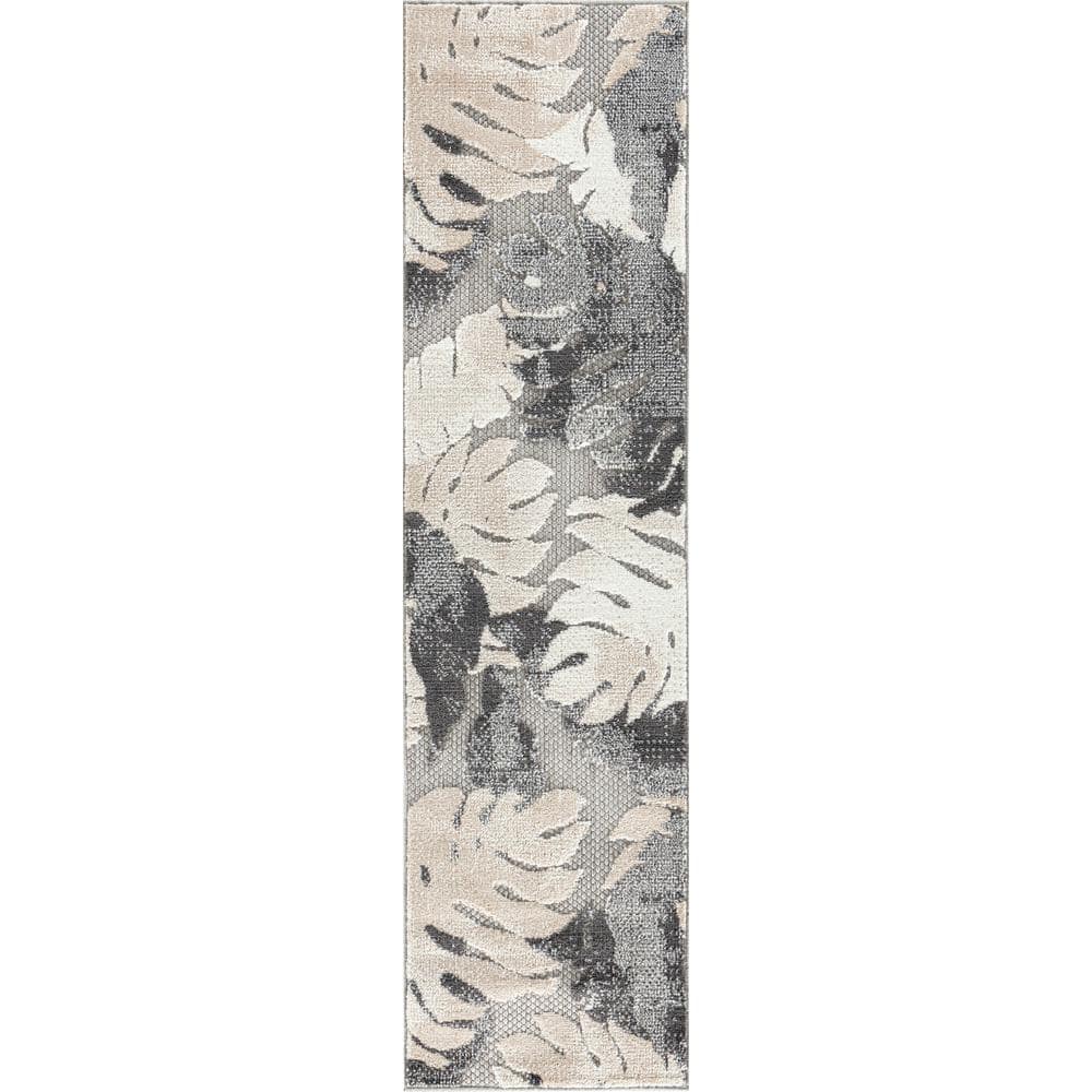 Gray Floral Palm Leaves Synthetic Indoor/Outdoor Runner Rug 2' x 7'