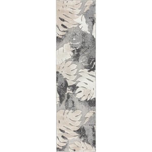 Arles Palm Floral Leaves Gray 2 ft. x 7 ft. Runner Indoor/Outdoor Area Rug