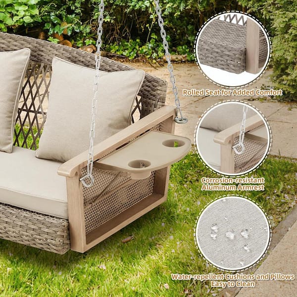 3-Person Wicker Porch Swing with Upgraded Cup Holder, 55