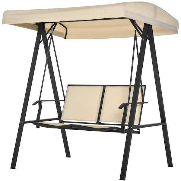 ToolCat 2-Person Metal Patio Swings with Canopy, Outdoor Canopy Swing with Adjustable Shade for Garden, Backyard, Beige