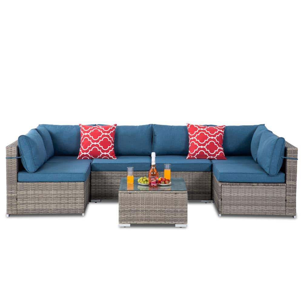 Grey 7-Piece Wicker Patio Conversation Set with Blue Cushions