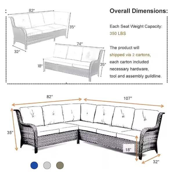 5-Piece Curved Armrest Rattan Wicker Patio Conversation Outdoor Corner Sofa Seating Set with Cushions (Brown/Blue)