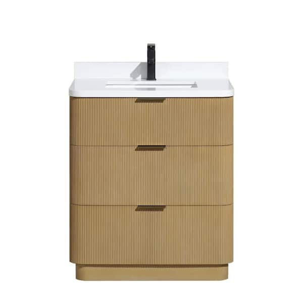 Ari Kitchen and Bath Calamigo 30 W x 22 in D x 34.5 H Single Bath Vanity in Oak with Engineered Quartz Top in White with White Basin