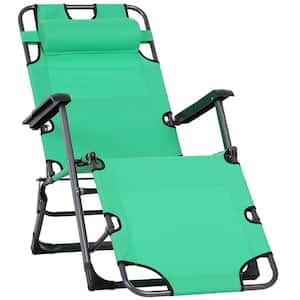 Black Metal Outdoor Lounge Chair in Green Seat with Pillow and Pocket, Adjustable Chaise