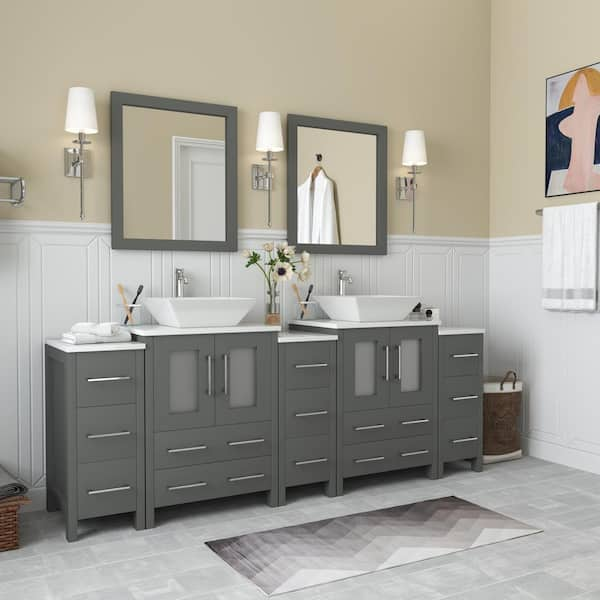 Ravenna 84 in. W Bathroom Vanity in Grey with Double Basin in White Engineered Marble Top and Mirror