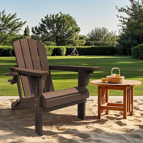 Weather Resistant Plastic HDPE Outdoor Patio Folding Adjustable Adirondack Chair with Cup Holder in Coffee