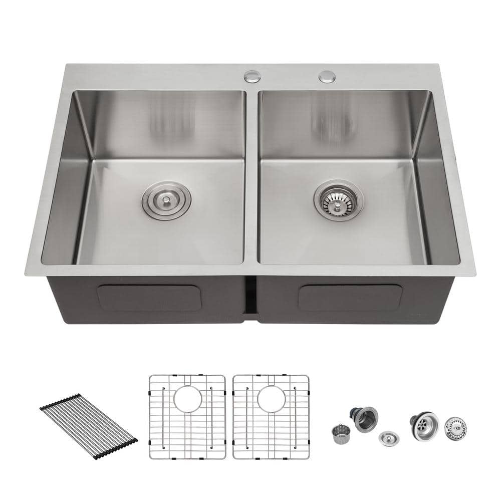 33 in. Drop in Double Bowl (50/50) Silvery Stainless Steel Kitchen Sink wit
