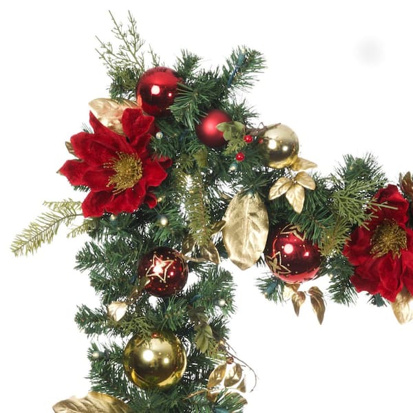 9 ft. Green Battery Operated Prelit LED Artificial Christmas Garland with Lights - Golden Leaf Red Magnolia