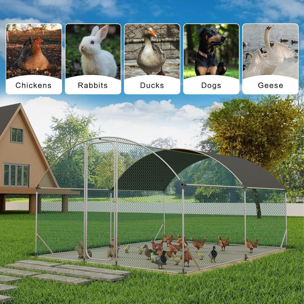 Large Metal Walk-In Chicken Coop House Poultry Cage with Waterproof Cover, 