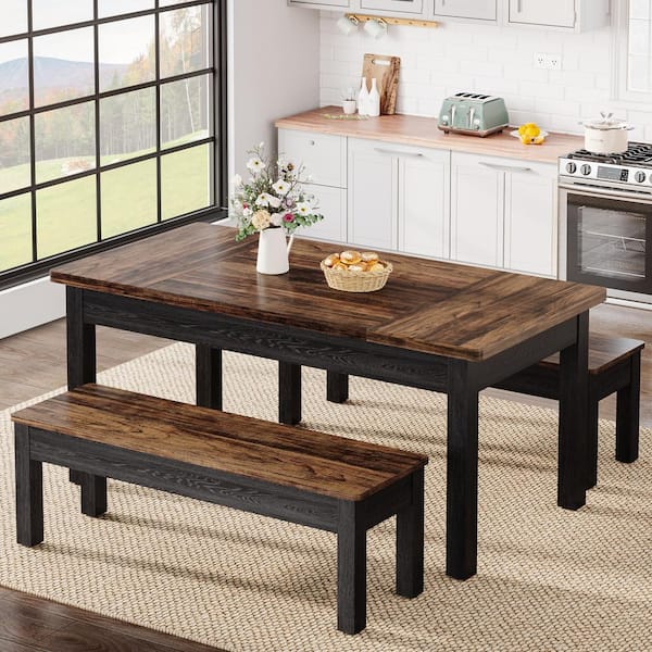 Roesler 3-Piece Rectangle Brown and Black Engineered Wood Dining Table Set Seats-4