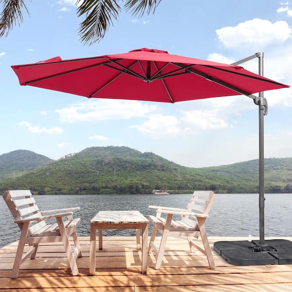 Sonkuki 10 ft. Round 360-Degree Rotation Cantilever Offset Outdoor Patio Umbrella in Red