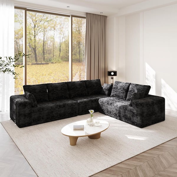 134 in. Square Arm 3-Piece Corduroy L-Shaped Modular Boneless Sectional Sofa with Chaise Longue, Pillows in Black
