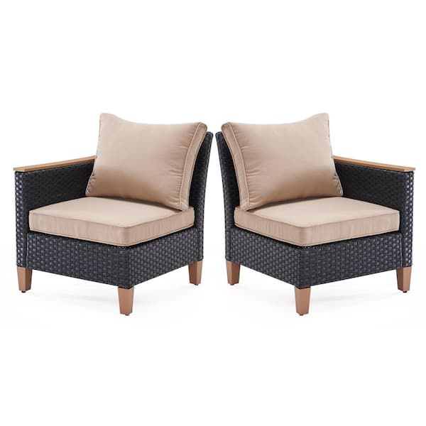 2 Piece Wicker Outdoor Patio Furniture Left/Right Arm Chairs, Outdoor Sectional Sofa Set with Beige Cushions
