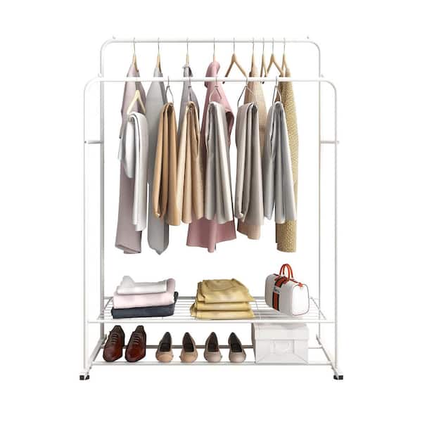 Unbranded White Double Rods Multi-functional Freestanding Metal Clothes Rack 43.30 in. W x 60.24 in. H